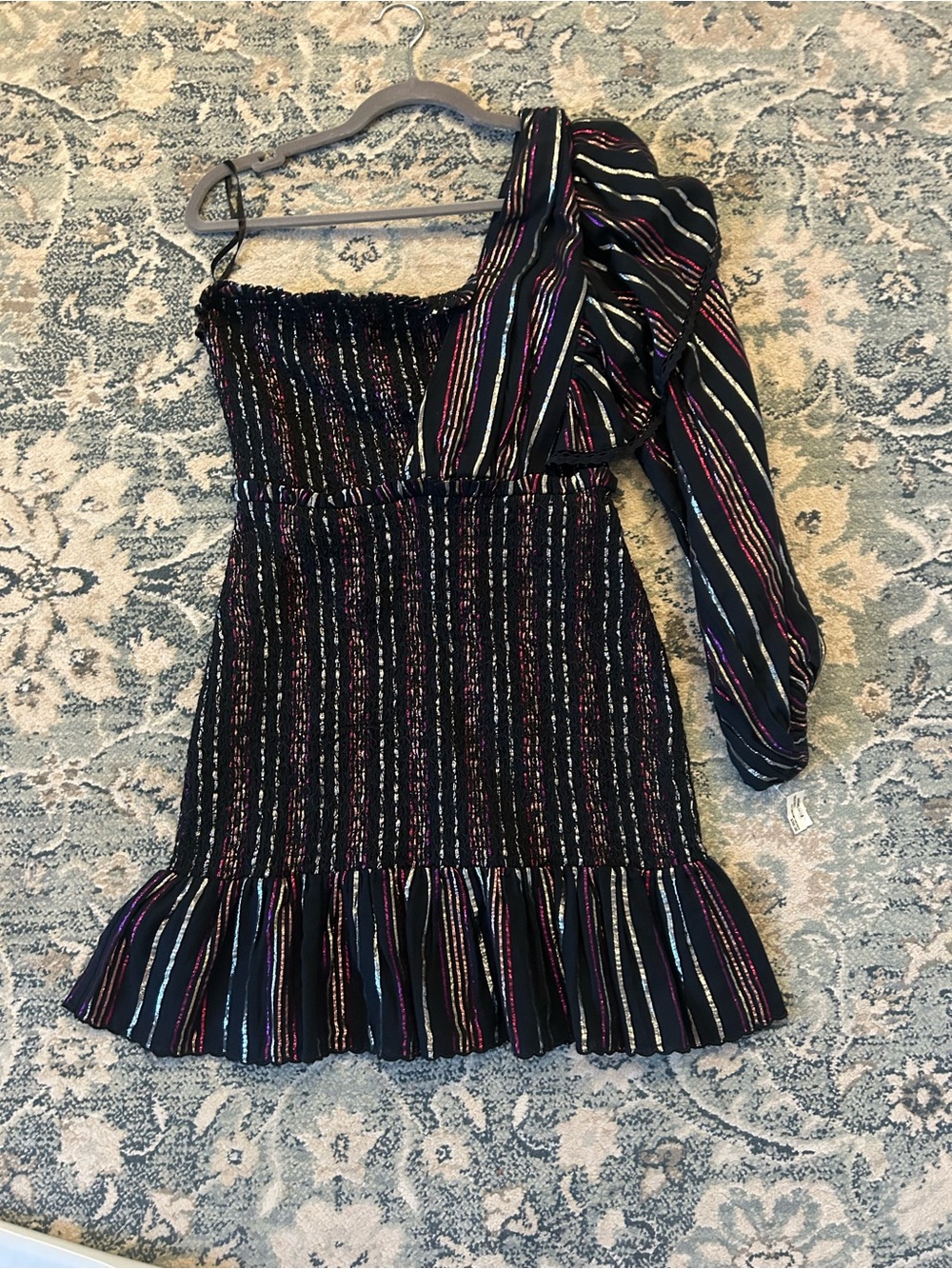 Farm Rio One-Shoulder Black Stripe Ruffled Dress